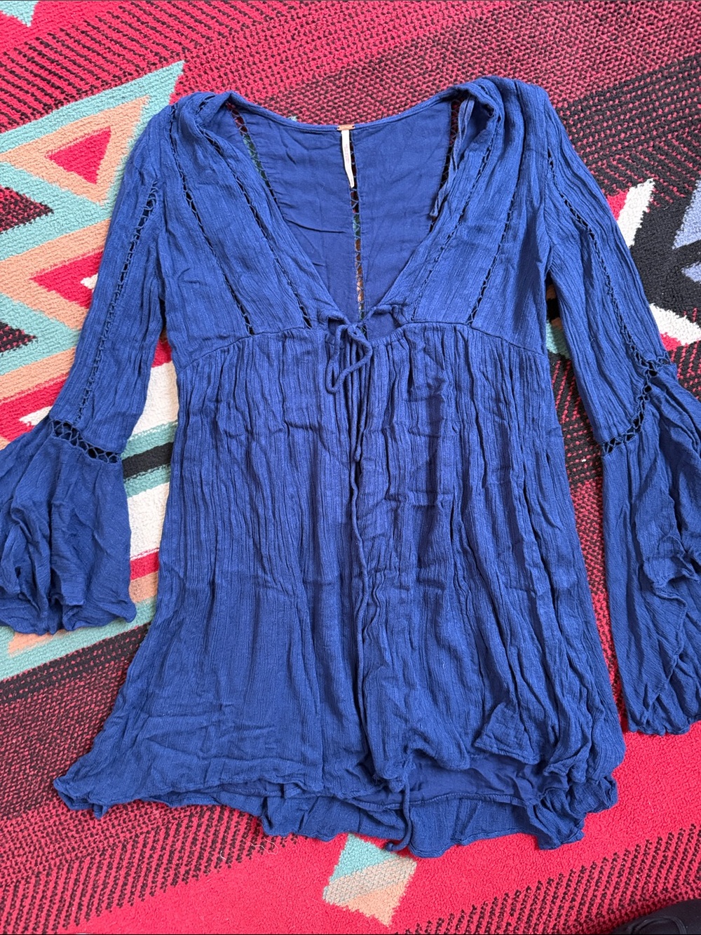 Free People Royal Blue V-Neck Peasant Tunic with Bell Sleeves